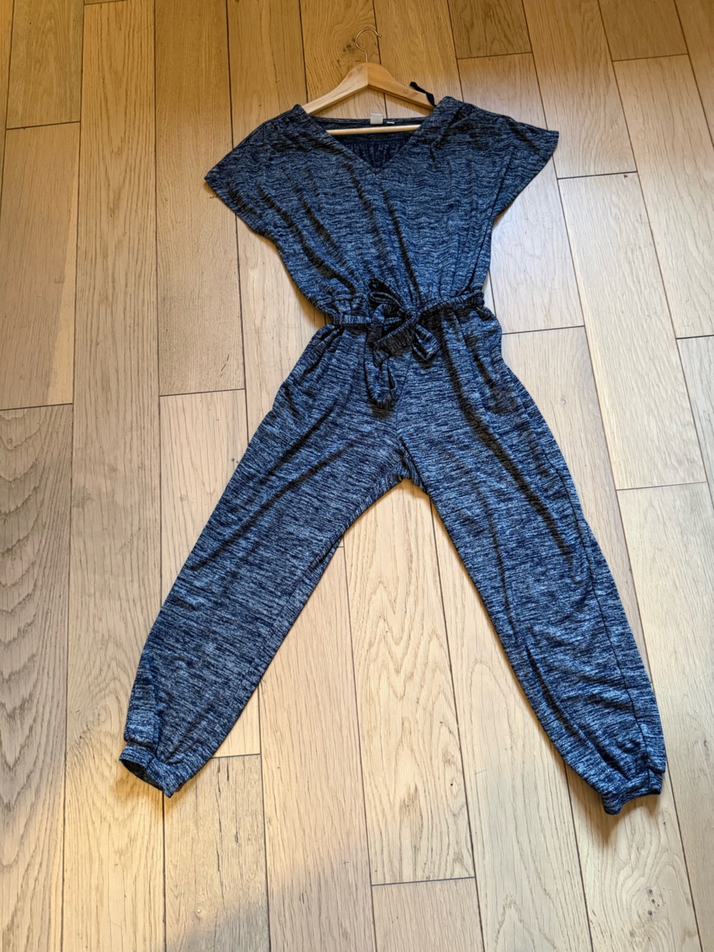 GAP Blue Gray Knit Short-Sleeve Jumpsuit with Tie Waist